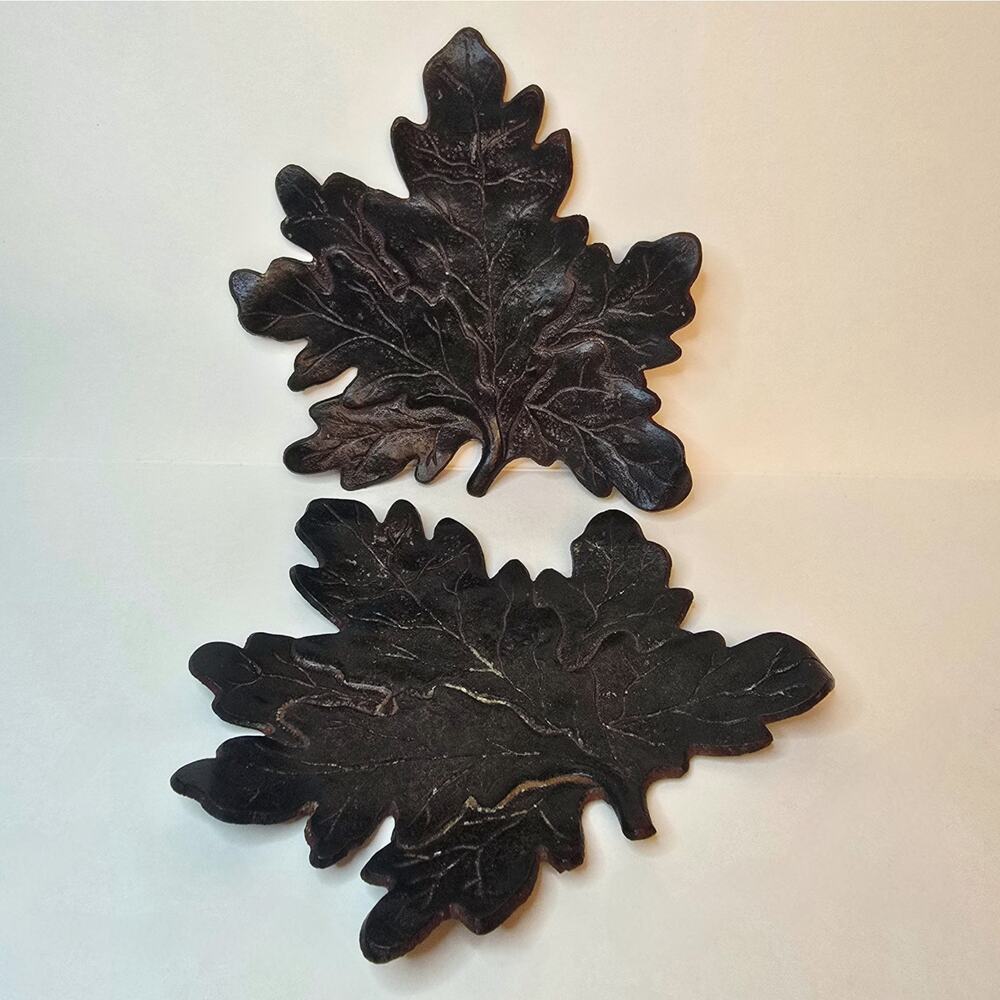 2 Metal Leaf Sculpture Candle Plate Trinket Dish Brown Vtg MCM Style Home Decor